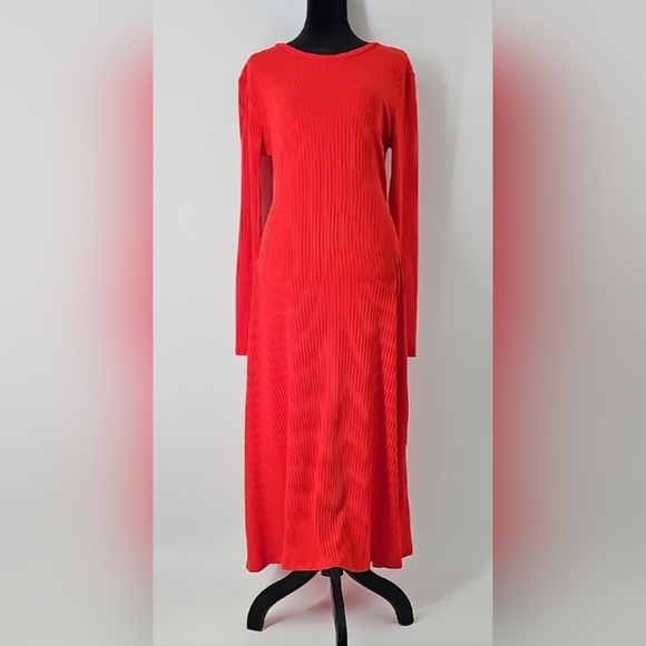Zara Bright Red Crew Neck Ribbed Stretchy Fit & Flare Long Sleeve Midi Dress - Picture 1 of 10